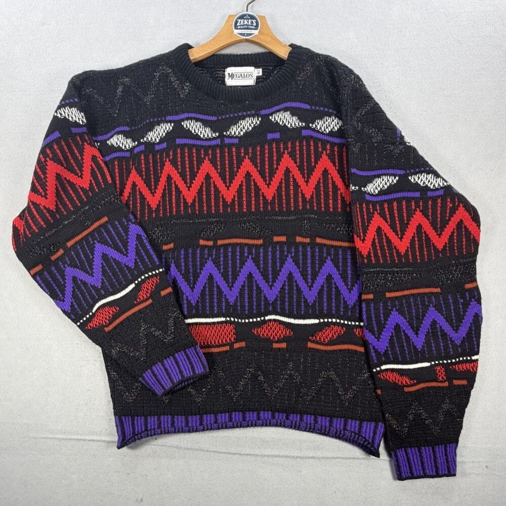 Men’s Vintage 80s 90s Megalos 100% Wool Sweater Size XLT Geometric Pattern. EUC